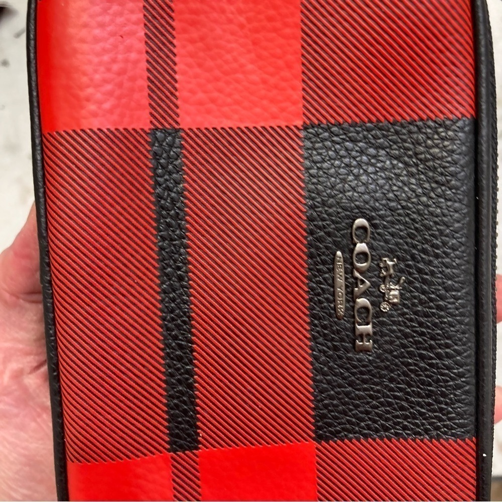 COACH Mount Plaid Red/Black Double Zip Leather Small Crossbody Pouch 53448 - Picture 6 of 9